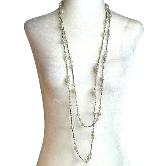 Double Layered Silver Tone Station Necklace Faux Pearls Iridescent Clear Beads - Picture 1 of 4